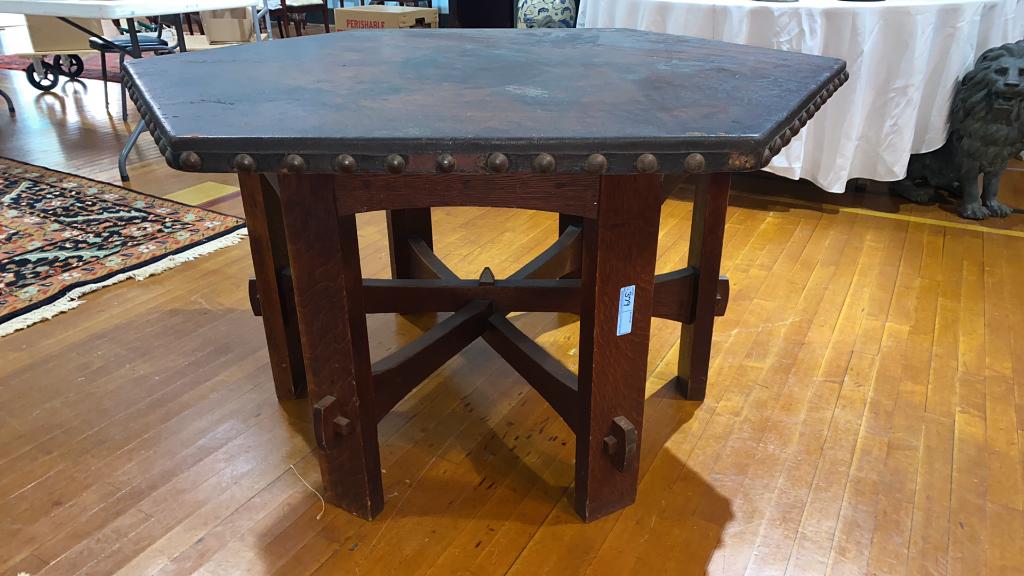 GUSTAV STICKLEY LEATHER-TOP HEXAGONAL TABLE (1 of 14)
