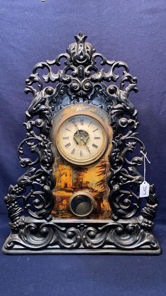 ANTIQUE IRON FACE PAINT DECORATED MANTEL CLOCK (1 of 6)