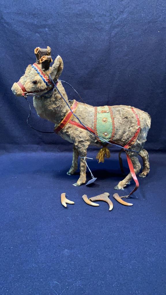 EARLY GERMANY REINDEER W/ JOINTED HEAD KEY WOUND: ANTLERS ARE IN PIECES AND UNATTACHED . APPROX. 14.5" X 14.5" TALL WITHOUT ANTLERS.