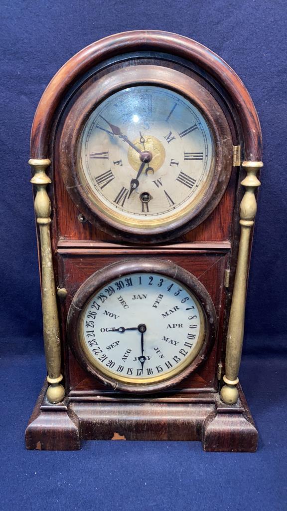 ANTIQUE ROSEWOOD CALENDAR, MONTH, DAY CLOCK (1 of 6)
