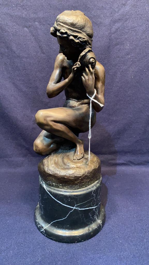 BRONZE OF BOY W/ SEA SHELL ON MARBLE BASE (1 of 5)