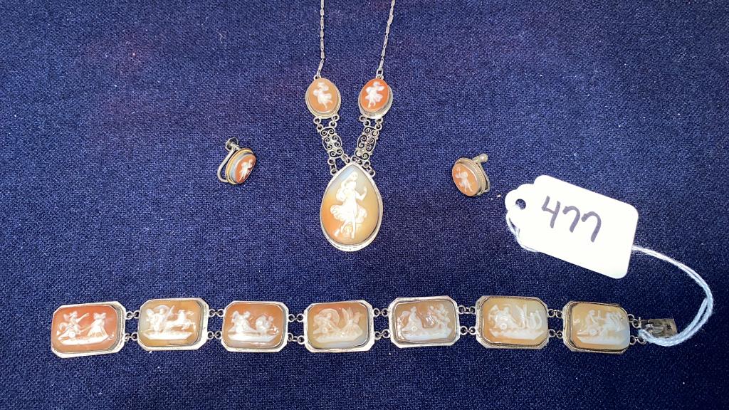 800 SILVER CAMEO NECKLACE, BRACELET, EARRINGS: NECKLACE IS BROKEN NEAR THE CLASP.