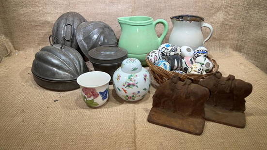 IRON HORSE BK ENDS, EASTER EGGS, MOLDS, POTTERY: 2 LARGE BOXES