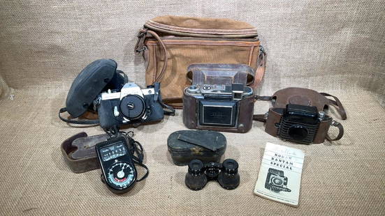 PENTAX SPOTMATIC, ZEISS ICON, LAMAIRE FAB ETC: BOX LOT CAMERAS, BINOCULARS