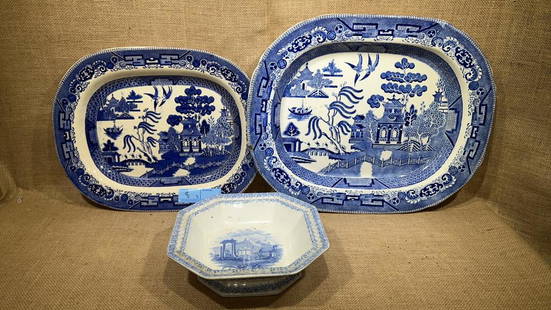 3 BLUE WILLOW SERVING PIECES: SOME DAMAGES SEE PHOTOS - LARGEST IS 19" X 15"