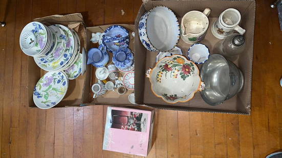 3 LARGE BOXES DISHES, POTTERY ETC: ~