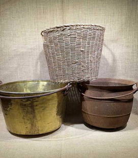 2 LARGE BRASS & IRON KETTLES, BASKET: ~