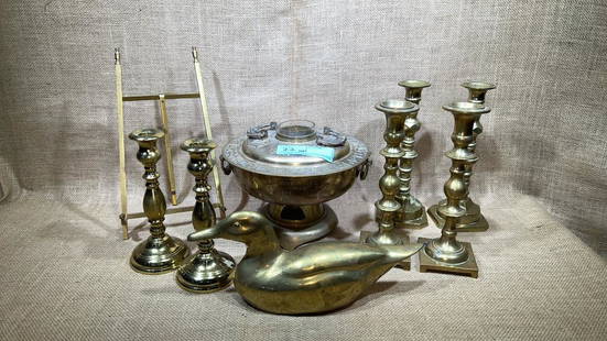 BRASS MILITARY PRESENTATION 1965 SEOUL, KOREA: BOX LOT CANDLE STICKS, EASEL, DUCKS ETC