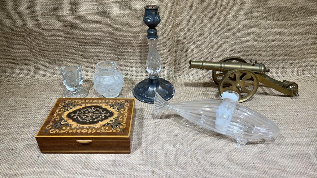 BOX LOT BRASS CANNON,CANDLESTICK, ETC (1 of 6)