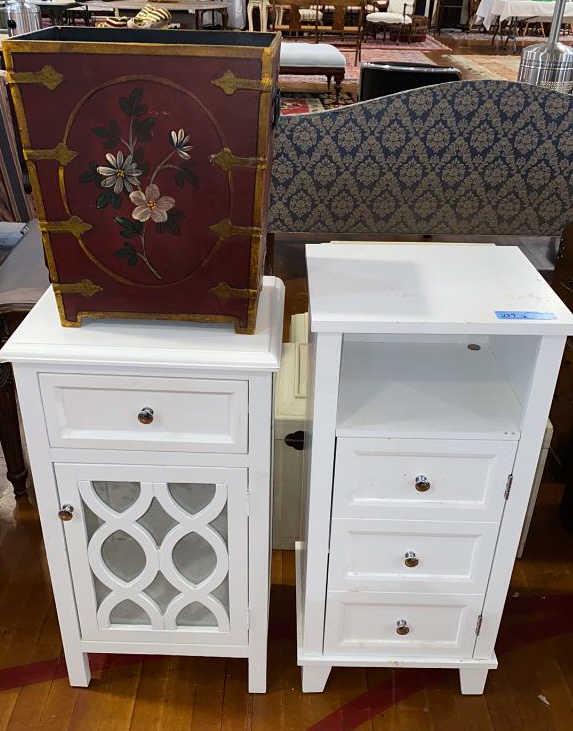2 WHITE STANDS AND WASTE BASKET: ~