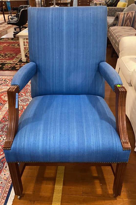 BLUE UPHOLSTERED ARM CHAIR: ~