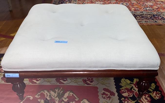 LARGE FOOTSTOOL / OTTOMAN: SOME STAINING - PLEASE SEE PHOTOS. 40" SQUARE X 19" HIGH .