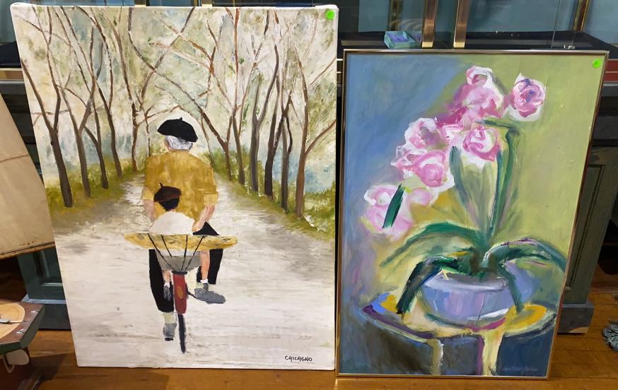 2 OIL ON CANVAS PAINTINGS: BIKE PAINTING IS 40" X 30" . FLOWERS PAINTING IS 36.5" X 24" .
