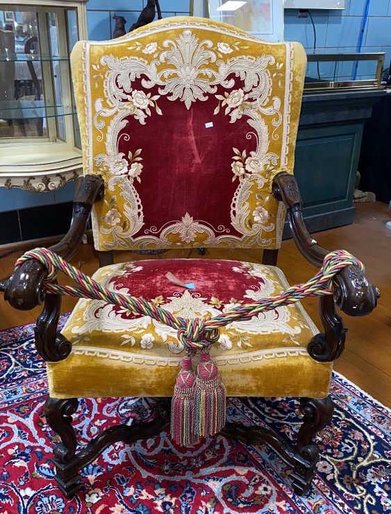 CARVED STRETCHER BASE ARM CHAIR / NEEDLEPOINT SEAT (1 of 5)