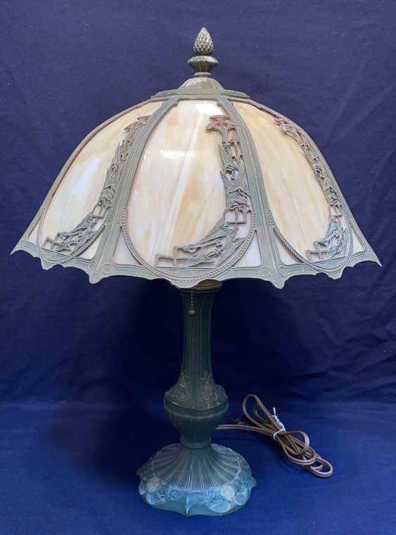 ANTIQUE SLAG GLASS LAMP: ~