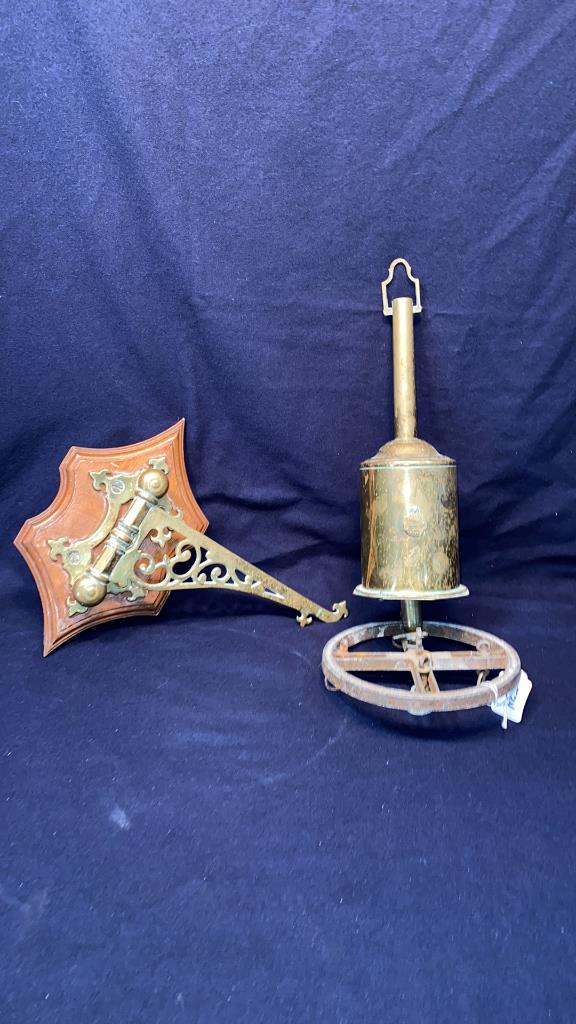 ANTIQUE BRASS ROTISSERIE FIRE SPIT & WALL BRACKET: ~