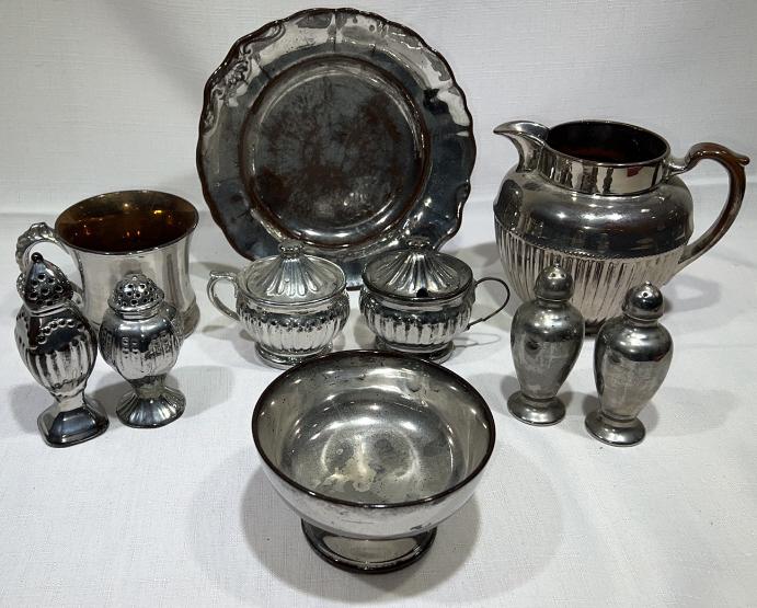 VARIOUS SILVER LUSTER, SHAKERS, PLATE, PITCHER ETC (1 of 6)