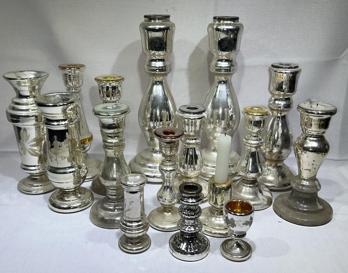 LARGE LOT MERCURY GLASS CANDLESTICKS, VASES (1 of 5)