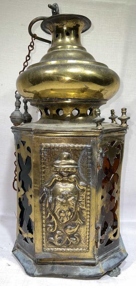 ANTIQUE BRASS HANGING LAMP W/ COLORED GLASS (1 of 5)