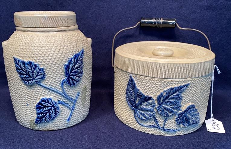 2 BLUE DECORATED STONEWARE CROCKS W/ LIDS (1 of 8)
