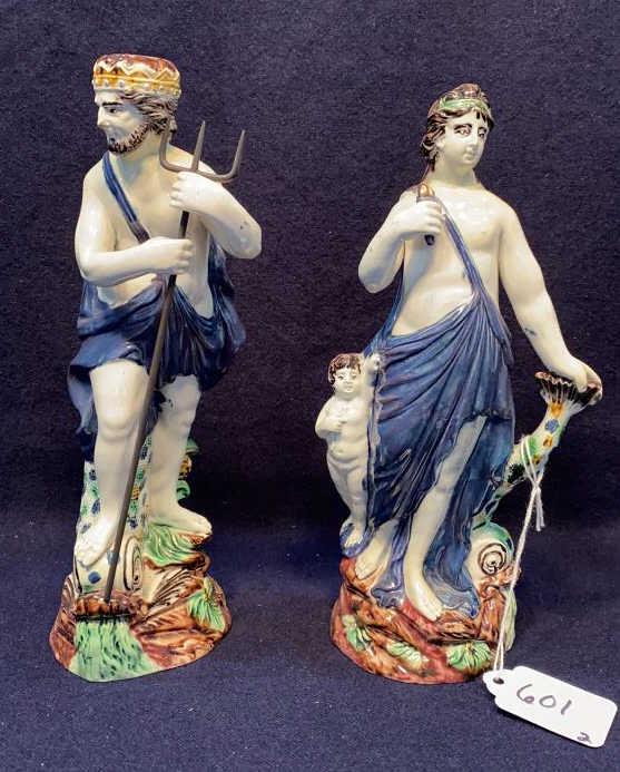 ANT. PEARLWARE FIGURES OF AMPHITRITE & POSEIDON: 8 3/4" TALL