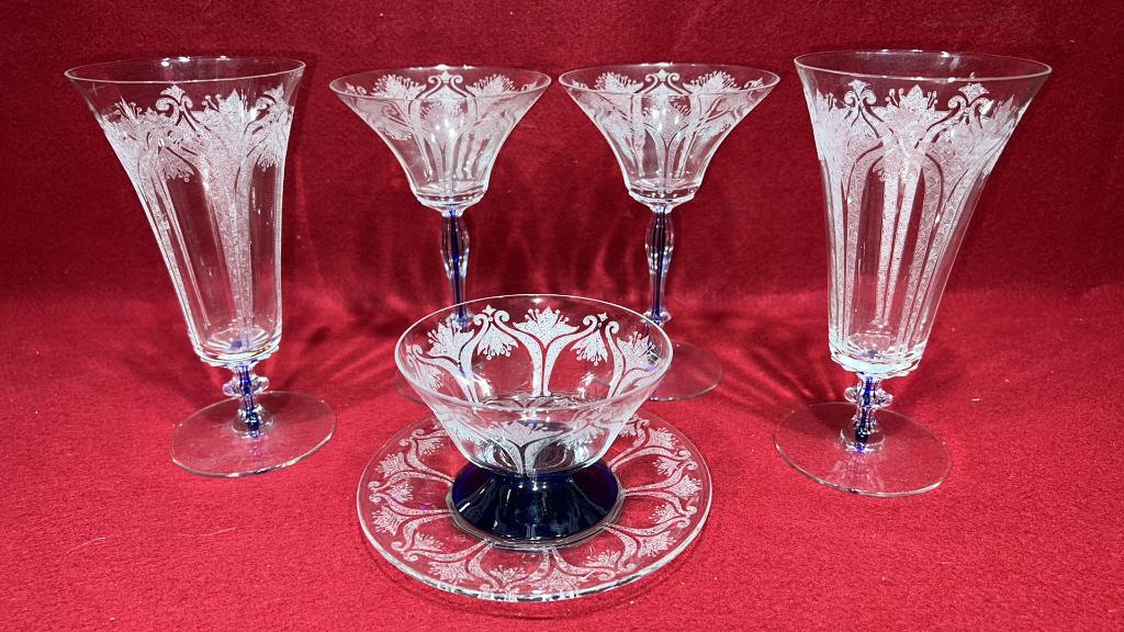VARIOUS ETCHED STEMWARE W/ BLUE BASES (1 of 3)