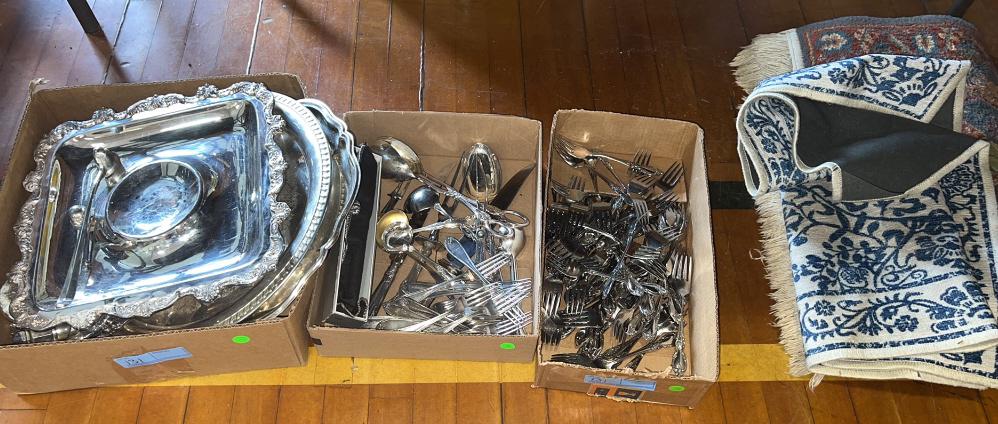 LARGE LOT SILVER-PLATED PLATTERS, FLATWARE, RUGS (1 of 6)