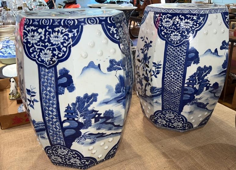 PAIR OF BLUE & WHITE ORIENTAL GARDEN SEATS (1 of 4)