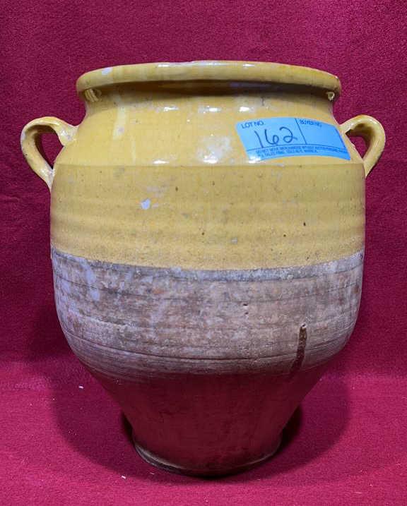 STONEWARE CROCK W/ HANDLES: 12" HIGH - PLEASE SEE PHOTOS FOR CONDITION