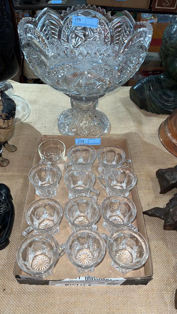 LARGE PRESSED GLASS PUNCH BOWL SET W/ EXTRA CUPS (1 of 4)