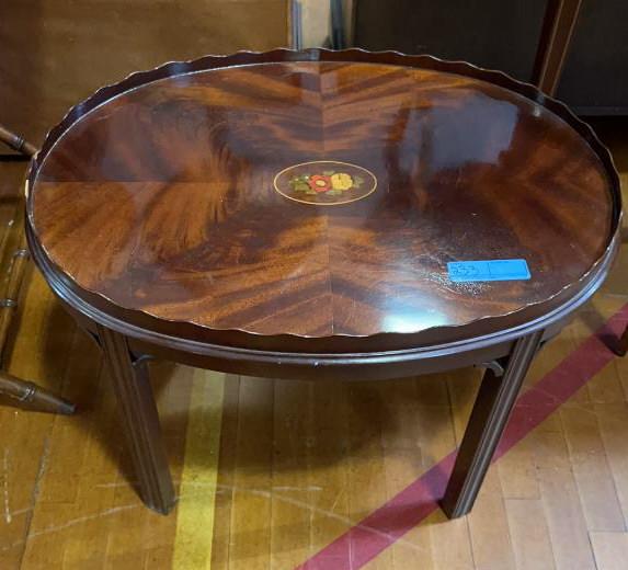 COUNCILL INLAID MAHOGANY COFFEE TABLE: PLEASE SEE PHOTOS FOR DAMAGES TO THE RIM - 28" X 20 1/2" X 19" HIGH