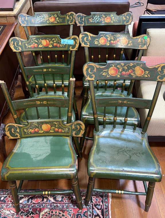 SET OF 6 PAINT DECORATED PLANK BOTTOM CHAIRS (1 of 3)