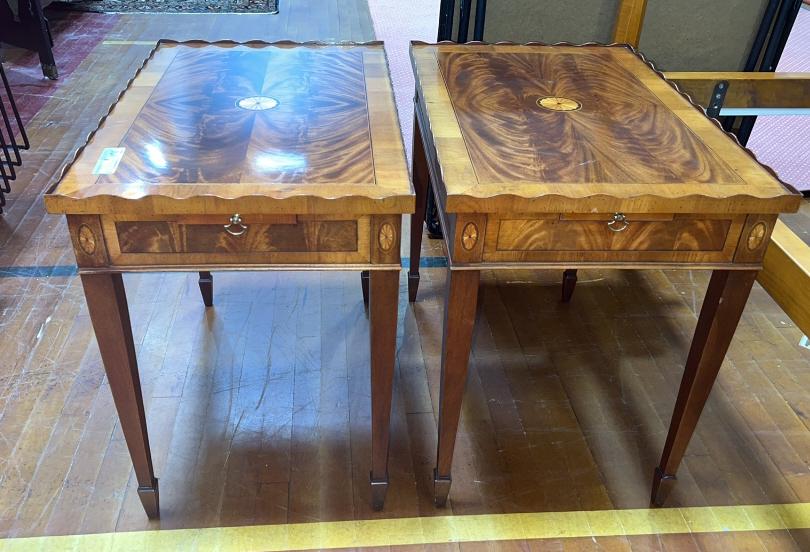 HEKMAN BANDED & INLAID TEA TABLES W/SLIDES: SLIDES ON BOTH ENDS - 28" X 18" X 25" HIGH.