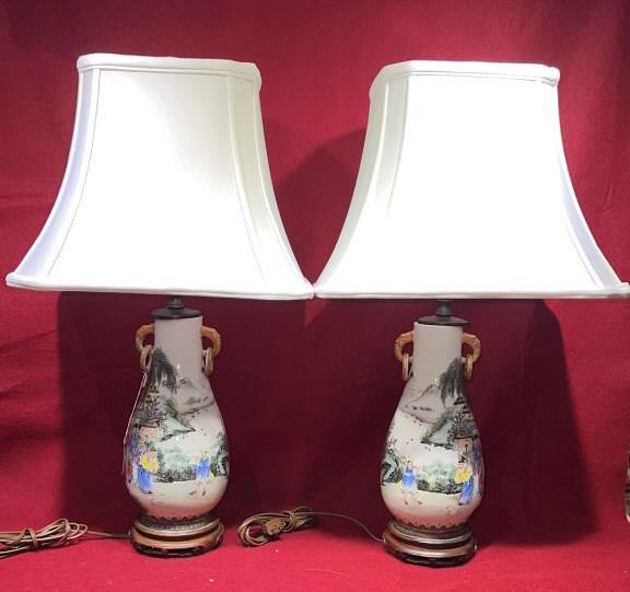 PAIR ORIENTAL VASE LAMPS W/ OPEN HANDLES (1 of 7)