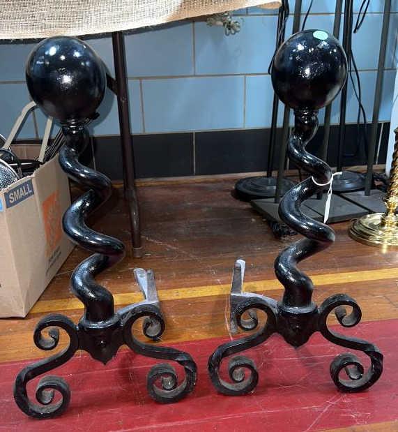 PAIR HEAVY IRON CANNONBALL ANDIRONS (1 of 2)