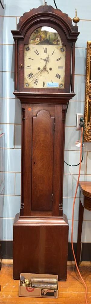 ANTIQUE CHIPPENDALE GRANDFATHER'S CLOCK: PAINTED DIAL (NAME ILLEGIBLE), 1/4 COLUMNS, & MISSING FEET
