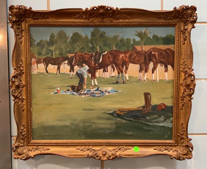 LARRY WHEELER OIL ON CANVAS BRUSHING/CLEANING: HORSES ~ FRAME 24" X 20" CANVAS 20" X 16"