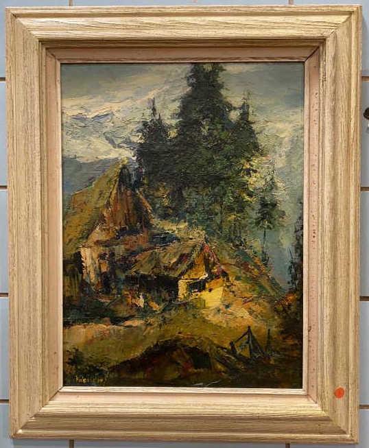 HANS RESSDORF OIL ON BOARD OF MOUNTAIN SCENE: FRAME 25 1/2" X 31 1/2" HIGH. BOARD 18" X 24" HIGH.
