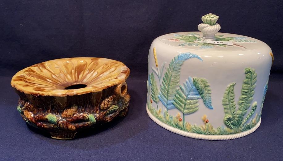 MAJOLICA SPITTOON & MAJOLICA CHEESE DOME: ~