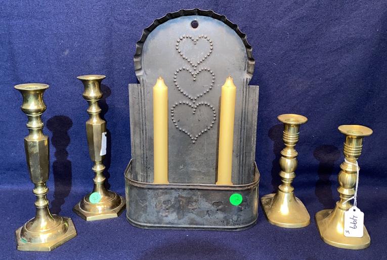 2-PAIRS BRASS CANDLESTICKS & PUNCHED TIN SCONCE (1 of 6)