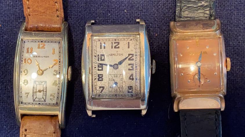 3 VARIOUS 14KT GOLD FILLED MENS WRIST WATCHES: 2 - HAMILTON WATCHES & 1 - BULOVA