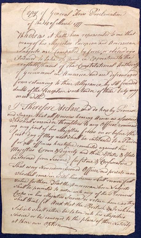 PROCLAMATION DOCUMENT BY GEN. WM. HOWE 1777 (1 of 3)