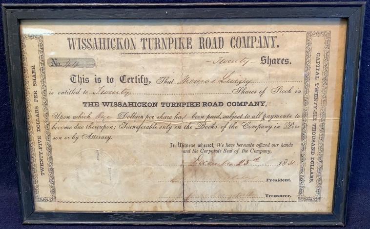 WISSAHICKON TURNPIKE ROAD CO. STOCK CERT. 1851 (1 of 7)