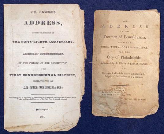 2 ANTIQUE PHILDELPHIA PRINTED BOOKLETS: AN ADDRESS TO THE FREEMEN OF PENNSYLVANIA FROM THE COMMITTEE OF CORRESPONDENCE FOR THE CITY OF PHILADELPHIA 1799. MR. GOWEN'S ADDRESS AT THE CELEBRATION OF THE FIFTY-EIGHTH ANNIVERSARY OF AMERICAN