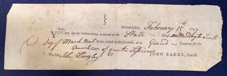 1797 PHILADELPHIA COURT SUMMONS DOCUMENT (1 of 4)