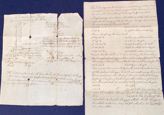 2 ANTIQUE PROPERTY DISTANCES DOCUMENTS: DISTANCES OVER LIVEZEY GROUND BY JOHN HURTON, COURSES & DISTANCES OF "NEW" ROAD FROM BRIDGE WISSAHICKON TO LIVEZEY MILL.