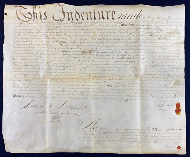 1757 LIVEZEY MILL RELATED VELLUM LAND INDENTURE: WALTER MOORE & WIFE TO THOMAS LIVEZEY ~ 7 SIGNATURES TOTAL ~ WAX SEALS & SIGNATURES OF WALTER & SARAH MORE, JOHN JONES.