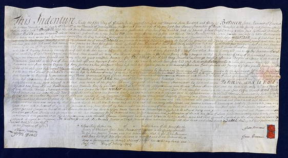 1745/6 ROXBOROUGH PA VELLUM LAND INDENTURE: JOHN HAMMER & WIFE TO THOMAS SHOEMAKER ~ 7 SIGNATURES TOTAL ~ WAX SEALS & SIGNATURES OF JOHN & JANE HAMMER ~ SIGNATURES INCLUDE JOSEPH DEAVS, THOMAS ARMSTRONG, JOHN JONES, & C. BROCKDEN