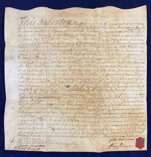 1745/6 ROXBOROUGH PA VELLUM LAND INDENTURE: JOHN HAMMER & WIFE TO THOMAS SHOEMAKER ~ 4 TOTAL SIGNATURES ~ WAX SEALS & SIGNATURES OF JOHN & JANE HAMMER ~ ALSO INCLUDES SIGNATURES OF THOMAS ARMSTRONG & JOSEPH DAVIS