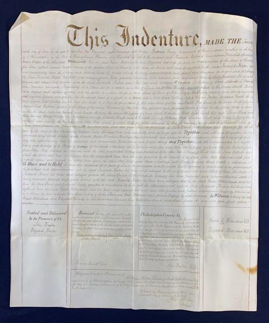 1812 GERMANTOWN, PENNSYLVANIA LAND INDENTURE: GARRET RITTENHOUSE & WIFE TO FREDERICK KERPER. 8 SIGNATURES. SIGNATURES INCLUDE JOHN HUSTON, ELIZABETH HUSTON, GARRET RITTENHOUSE, & THOMAS HELM.